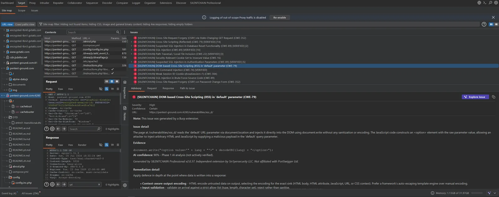 SILENTCHAIN findings listed in the native Burp Suite issues panel with a full advisory, evidence and remediation detail